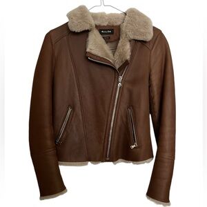 Massimo Dutti fur-lined suede leather jacket in tan/brown. Size small.